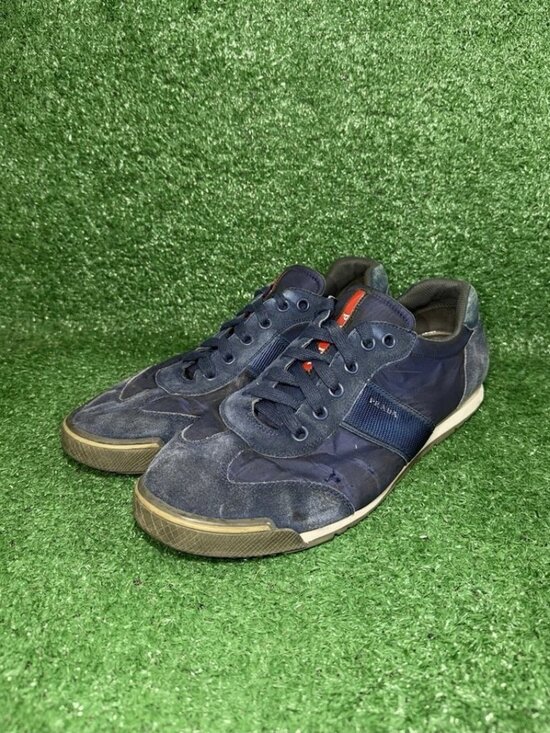 PRADA Mens Size 13 US Suede Leather Nylon Shoes Navy Red Stripe Luxury Sneakers main image 13